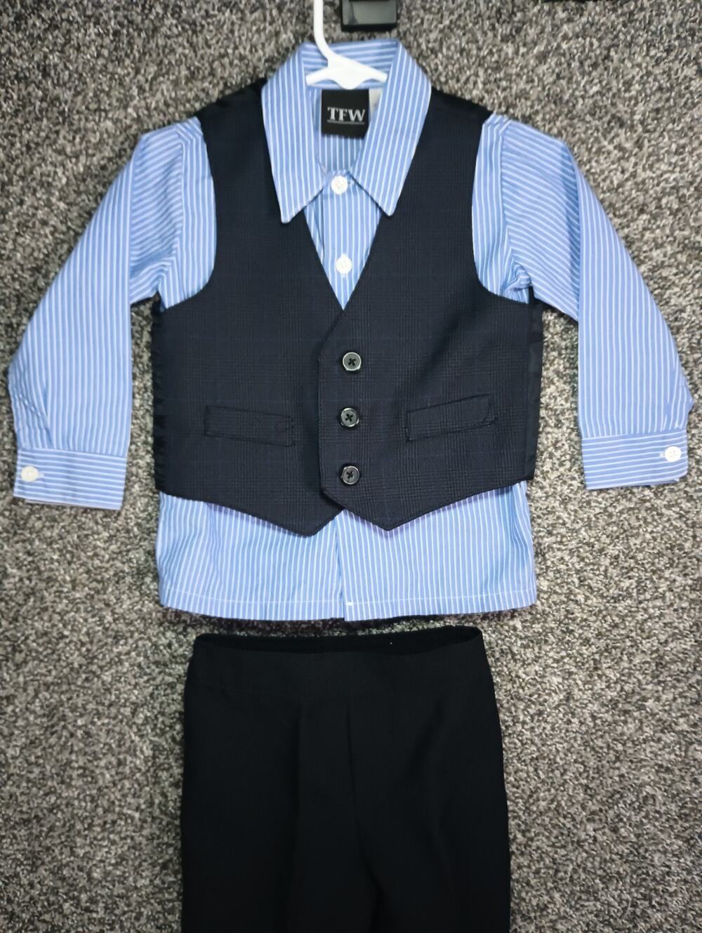 TFW Boys 3 Piece Suit Set Sz 18M Shirt Vest Pants Blue Stripe Black Baptism